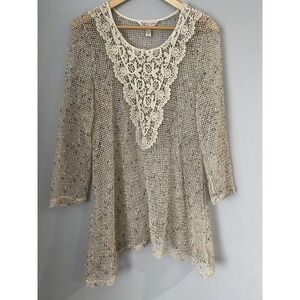 Krazy Kat Open Knit Cover-Up Tunic Dress Size L Long Sleeve Lace V-Neck